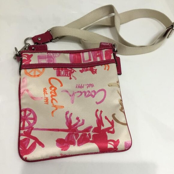 Coach Horse & Carriage Crossbody Bag Cream W/ Pink and Orange Print Leather Trim - Picture 2 of 5